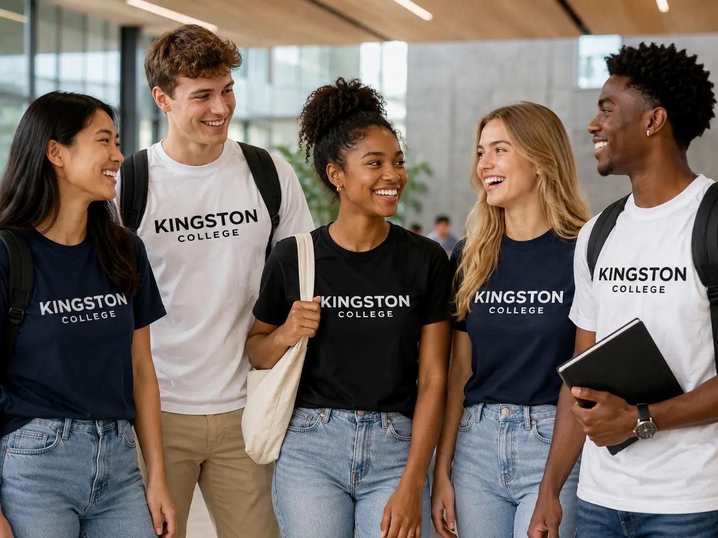 Group of Kingston College students walking together on campus