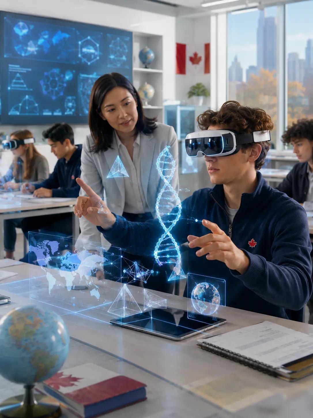 Teacher guiding a student through an immersive XR biology lesson at Kingston College