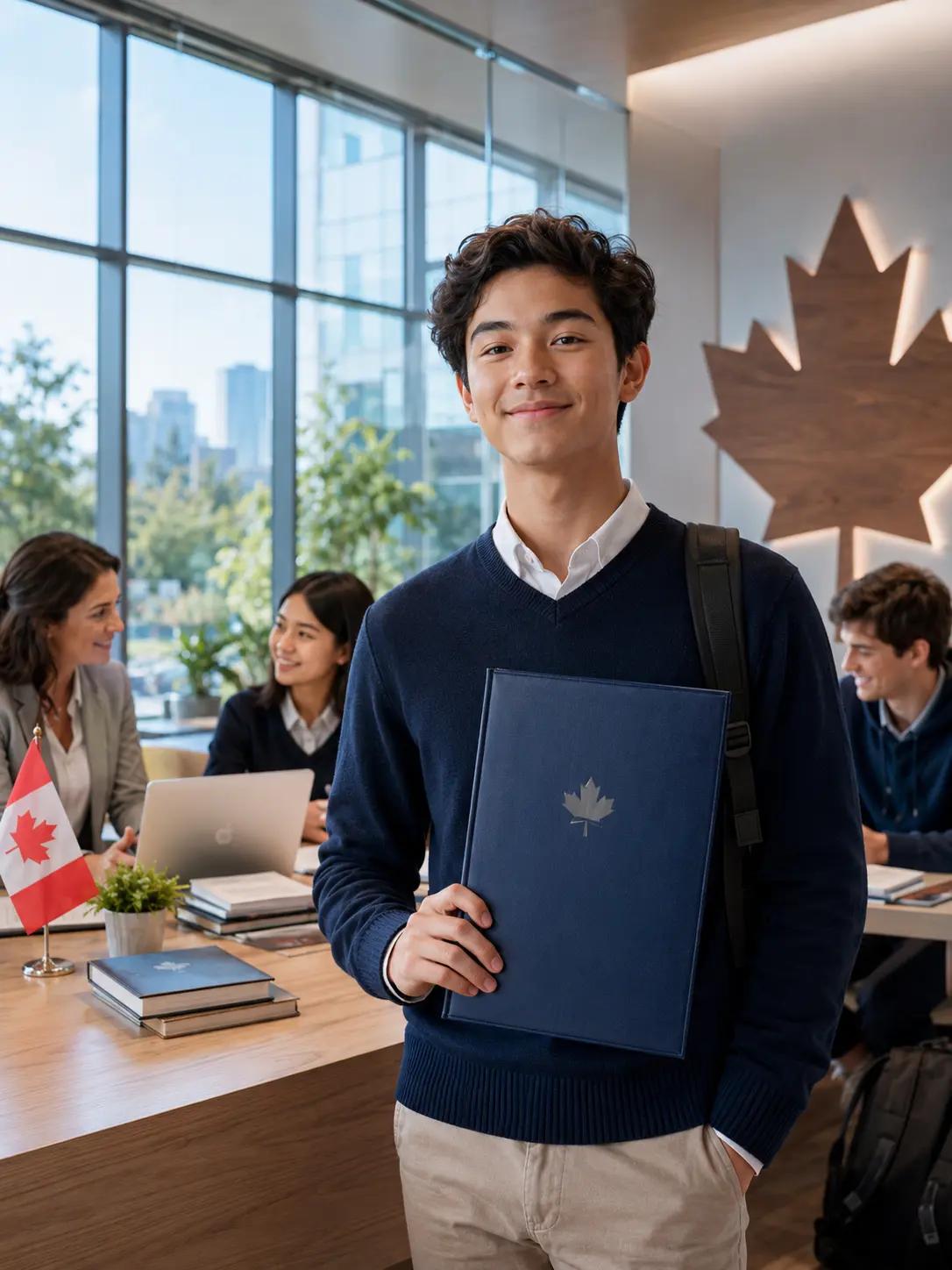Kingston College student holding a maple-leaf portfolio