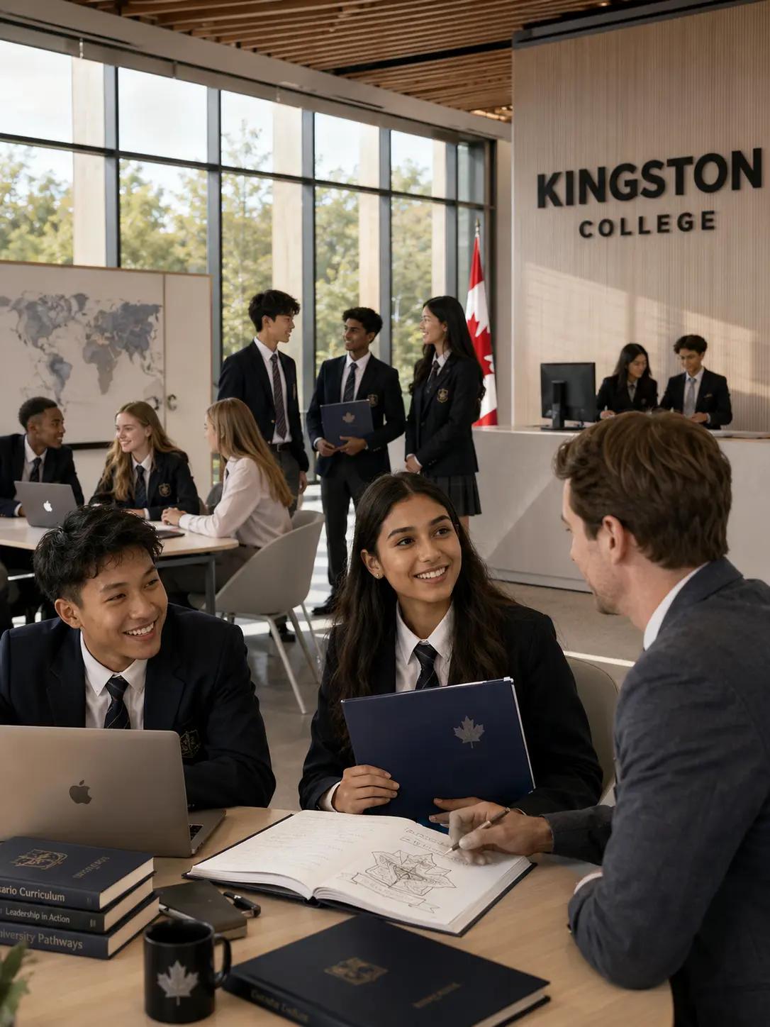 Uniformed Kingston College students meeting with an advisor at the campus reception